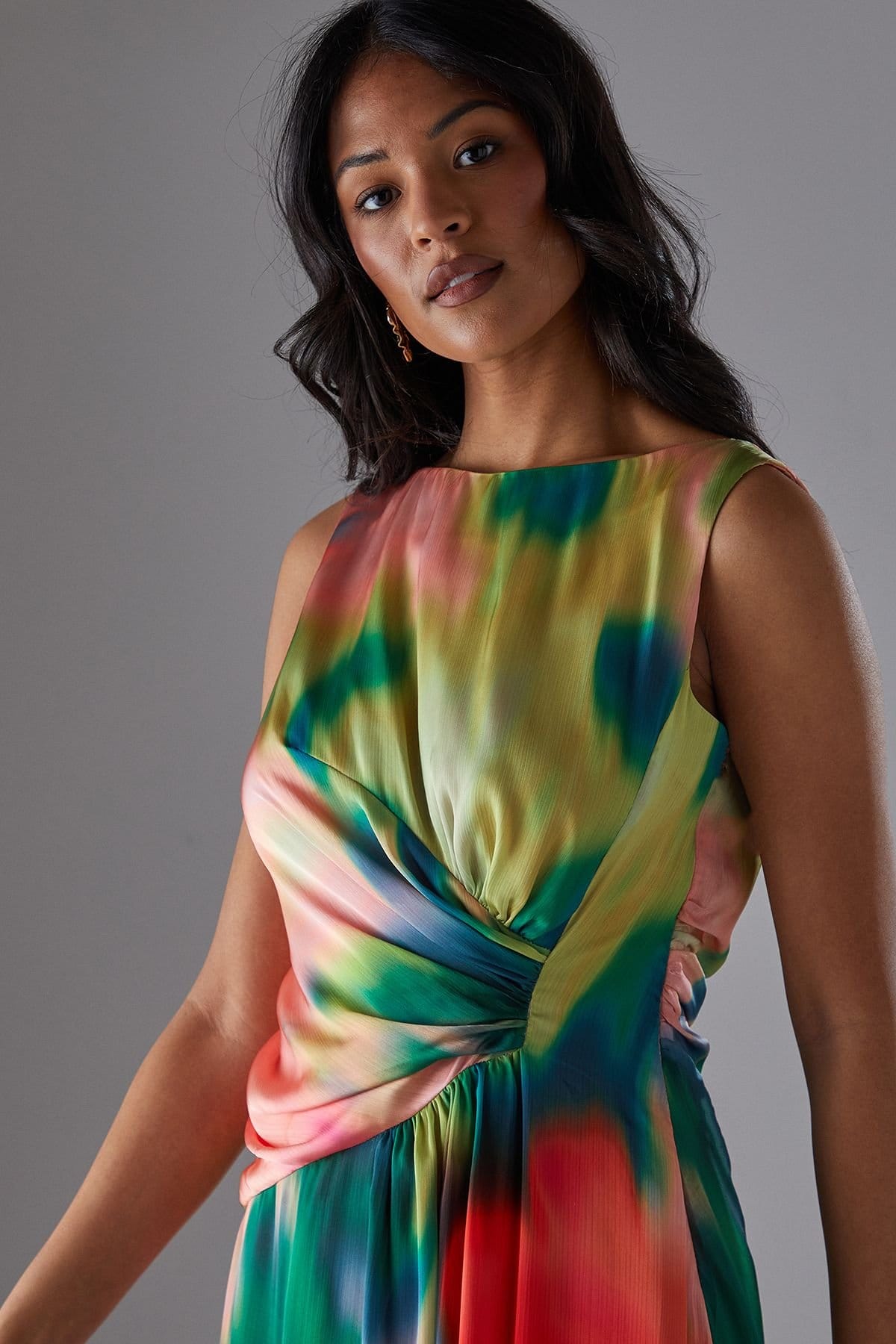 Warehouse Warehouse Women's Printed Satin Sleeveless Knot Front Asymmetric Hem Midi Dress - 4