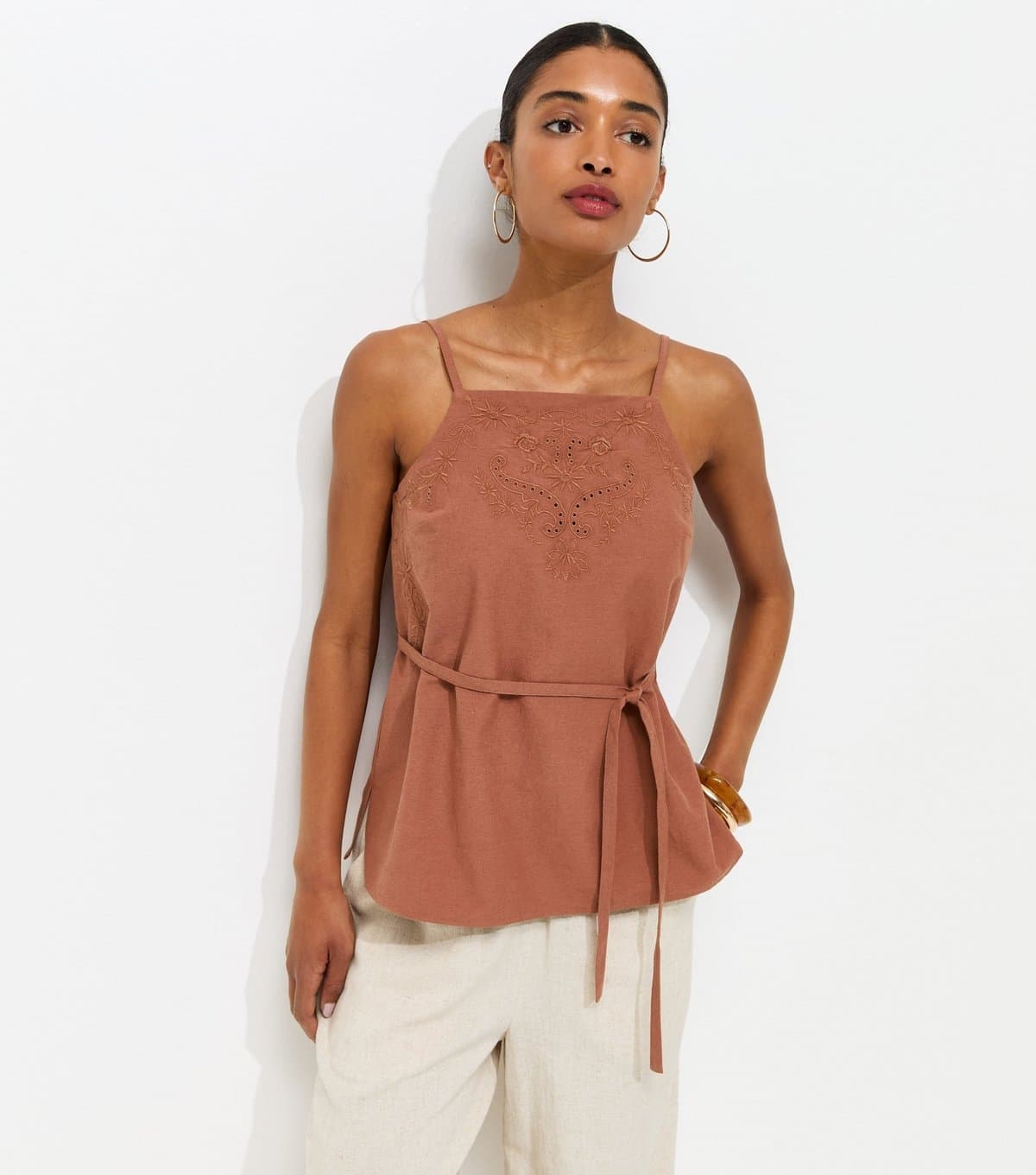 New Look Women's Dark Brown Cotton Rich Embroidered Belted Long Cami Top New Look