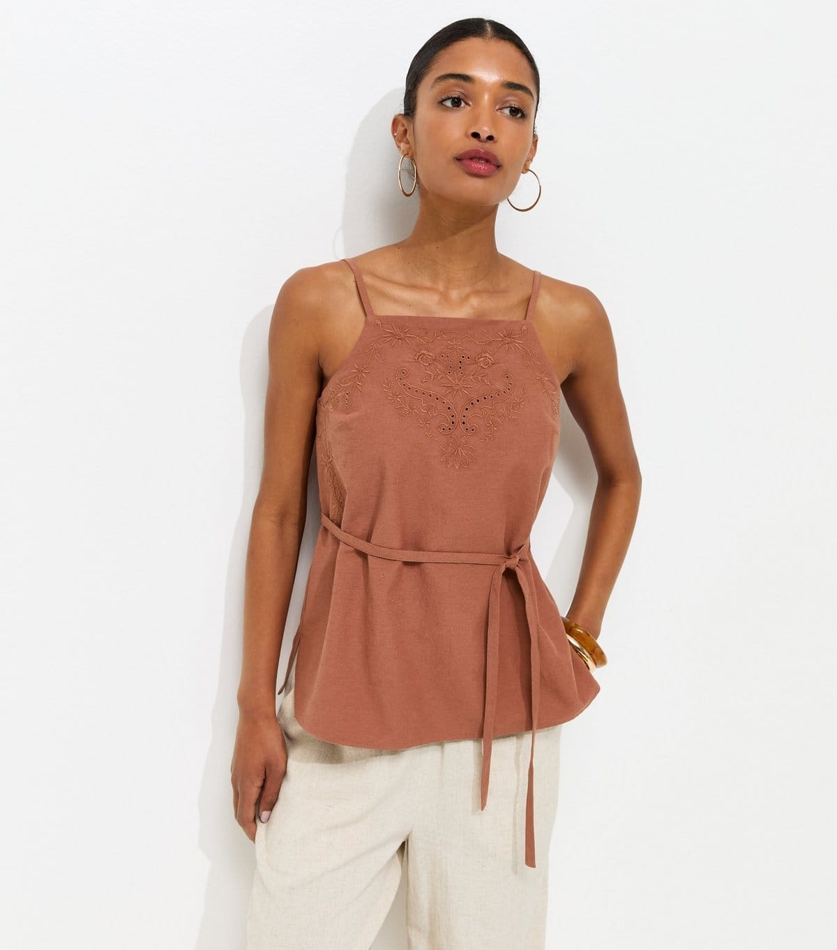 New Look Dark Brown Embroidered Cami Top
