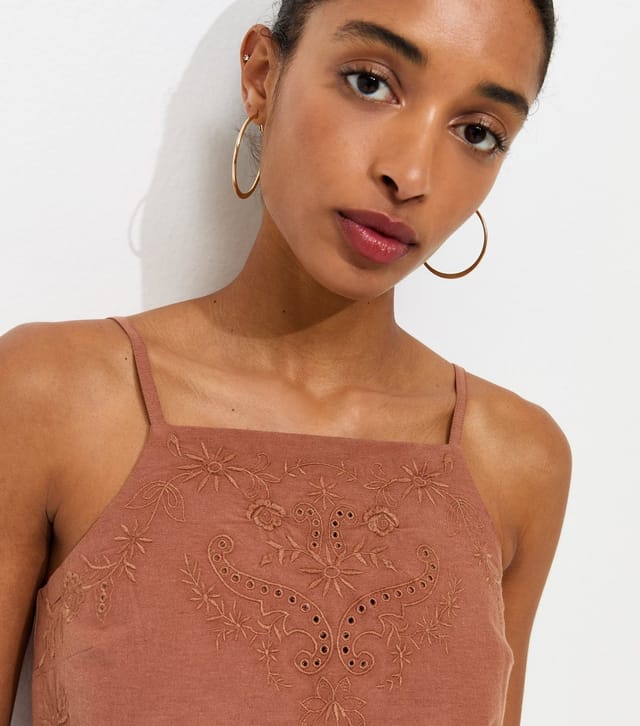 New Look Women's Dark Brown Cotton Rich Embroidered Belted Long Cami Top New Look - 2