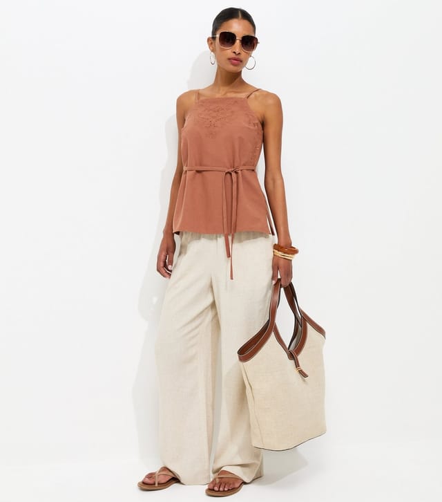 New Look Women's Dark Brown Cotton Rich Embroidered Belted Long Cami Top New Look - 3