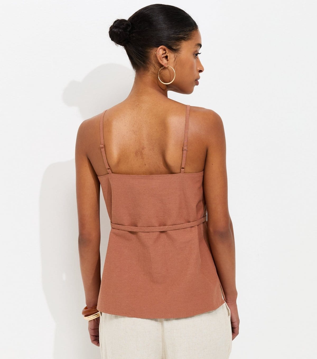 New Look Women's Dark Brown Cotton Rich Embroidered Belted Long Cami Top New Look - 4