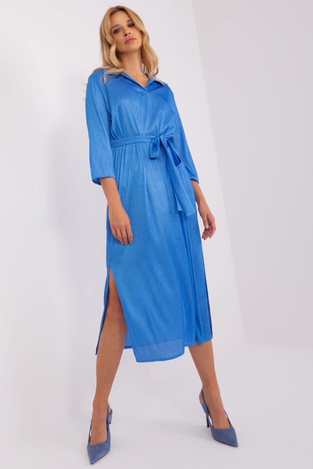 Love Lace Love Lace Women's Ribbed Tie Waist V Neck Day Dress with Slits in Blue - 1