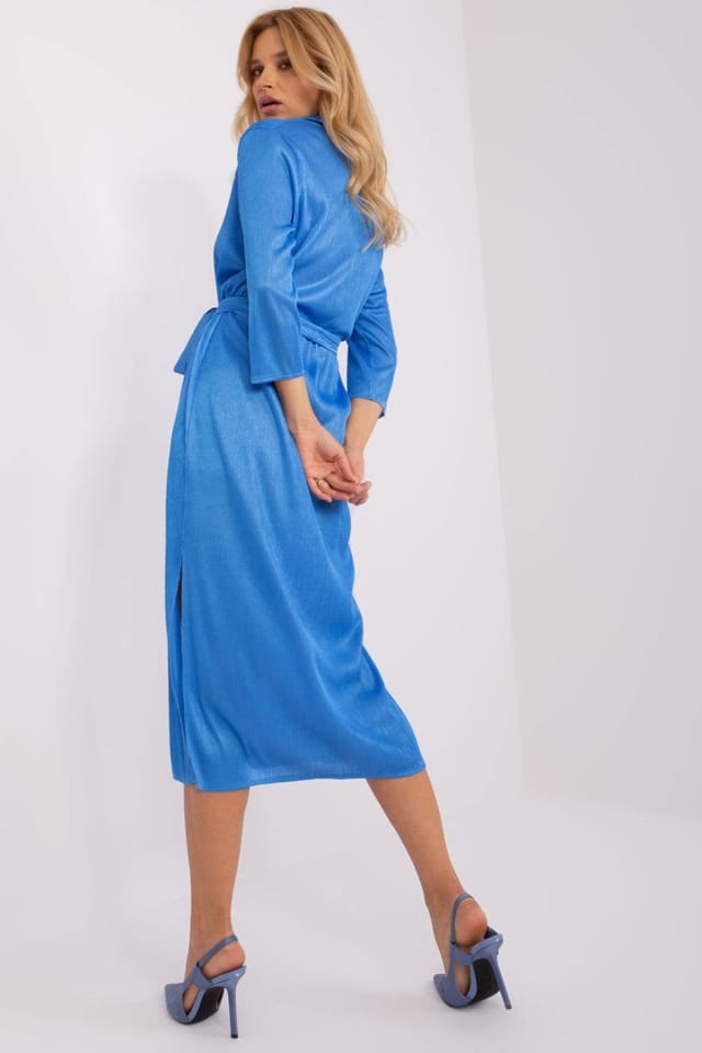 Love Lace Love Lace Women's Ribbed Tie Waist V Neck Day Dress with Slits in Blue - 3