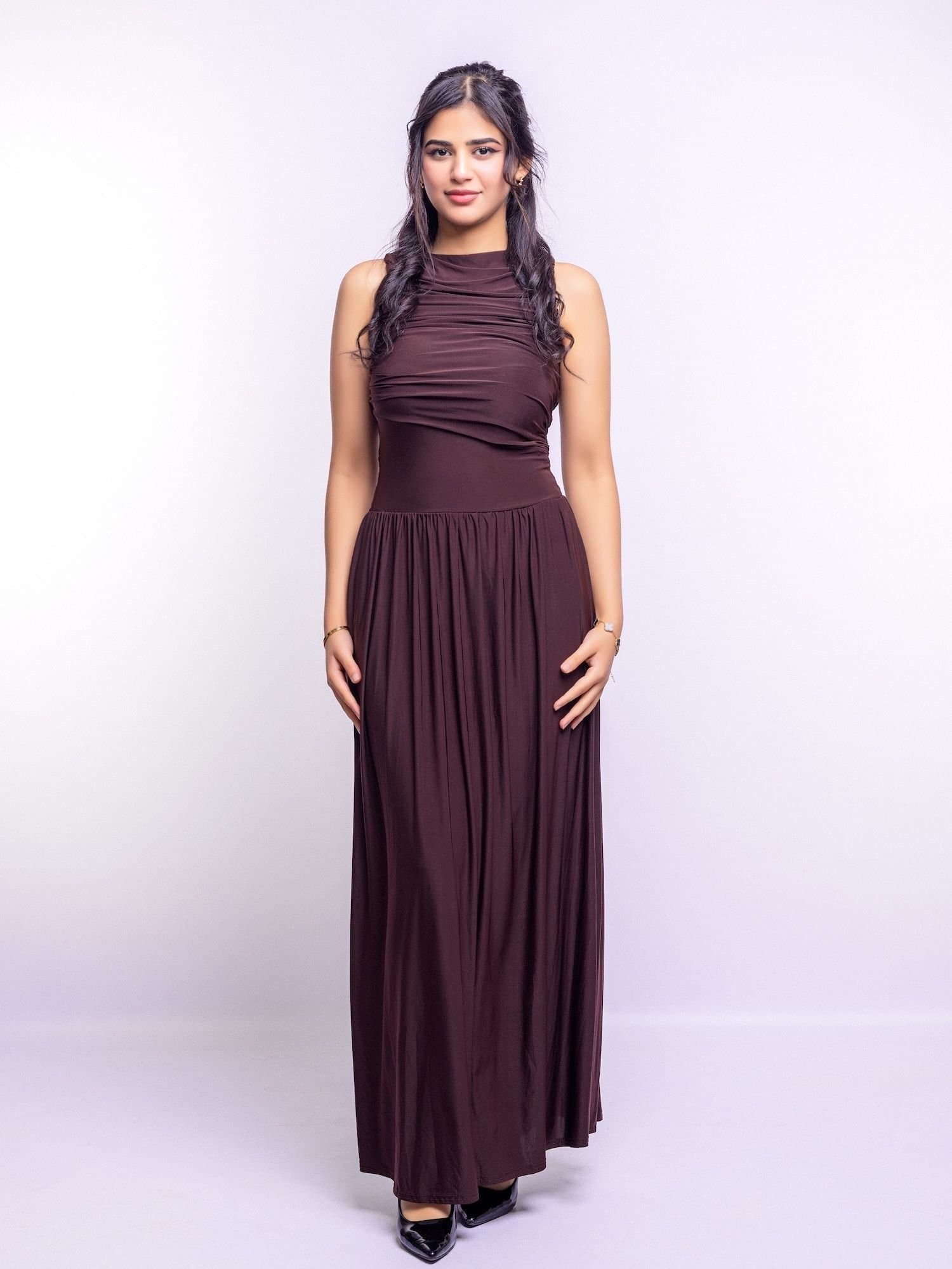 AVINCI AVINCI Women's BROWN DRAPED BODICE JERSEY FLOWY SKIRT STYLE EVENING DRESS