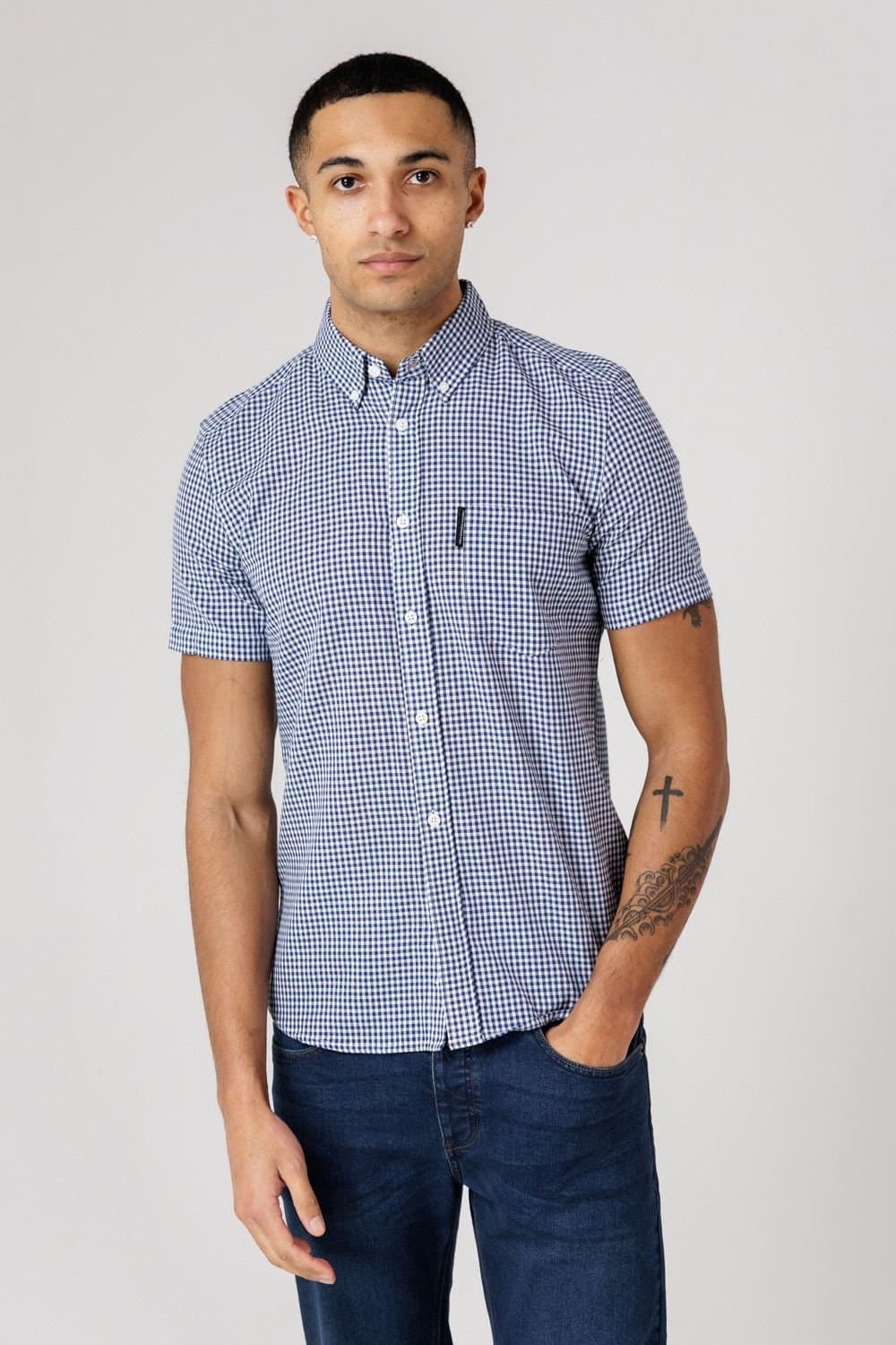 French Connection French Connection Men's Cotton Short Sleeve Gingham Chest Pocket Shirt in Blue