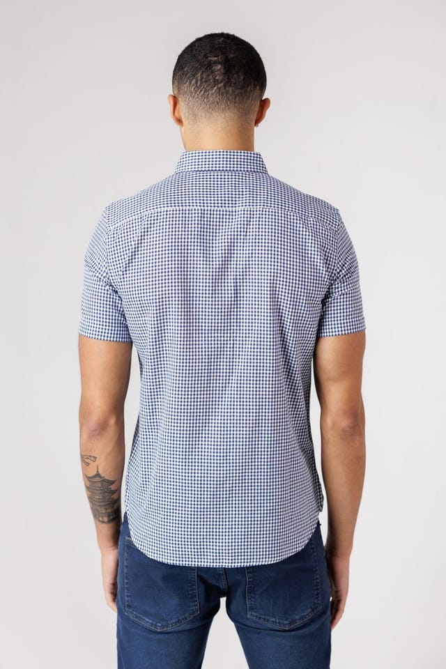French Connection French Connection Men's Cotton Short Sleeve Gingham Chest Pocket Shirt in Blue - 2