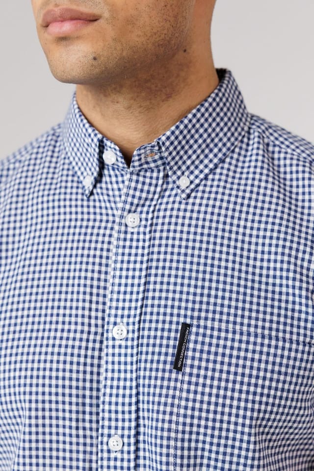 French Connection French Connection Men's Cotton Short Sleeve Gingham Chest Pocket Shirt in Blue - 3