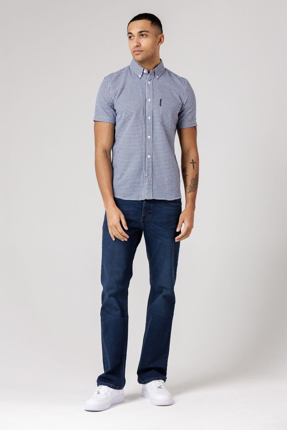 French Connection French Connection Men's Cotton Short Sleeve Gingham Chest Pocket Shirt in Blue - 4