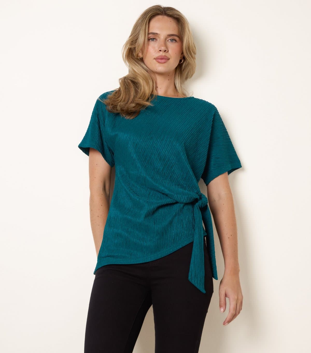 Blue Vanilla Women's Teal Crinkle Texture Side Tie Top Blue Vanilla New Look