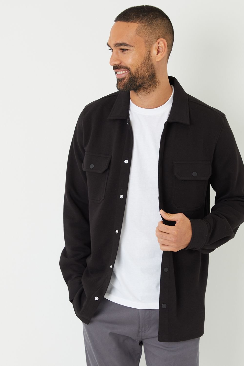 Threadbare Threadbare Men's Cotton Blend Popper Fastening Pique Shacket in Black - 3