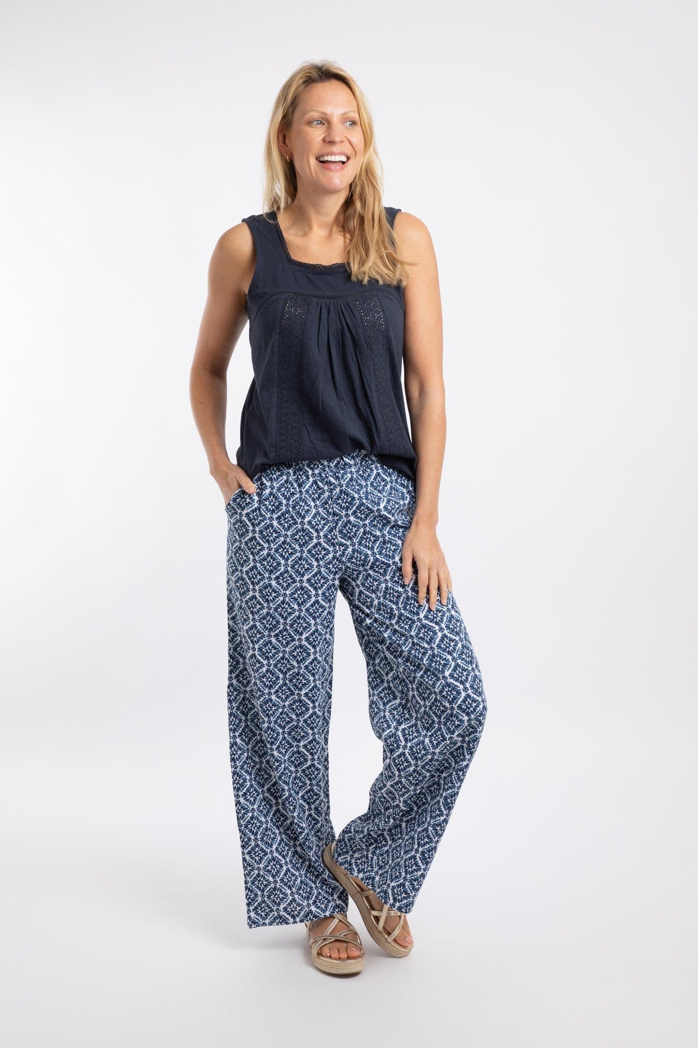 Weird Fish Weird Fish Women's Zendaya Printed Double Cloth Wide Leg Trousers in Mid Blue