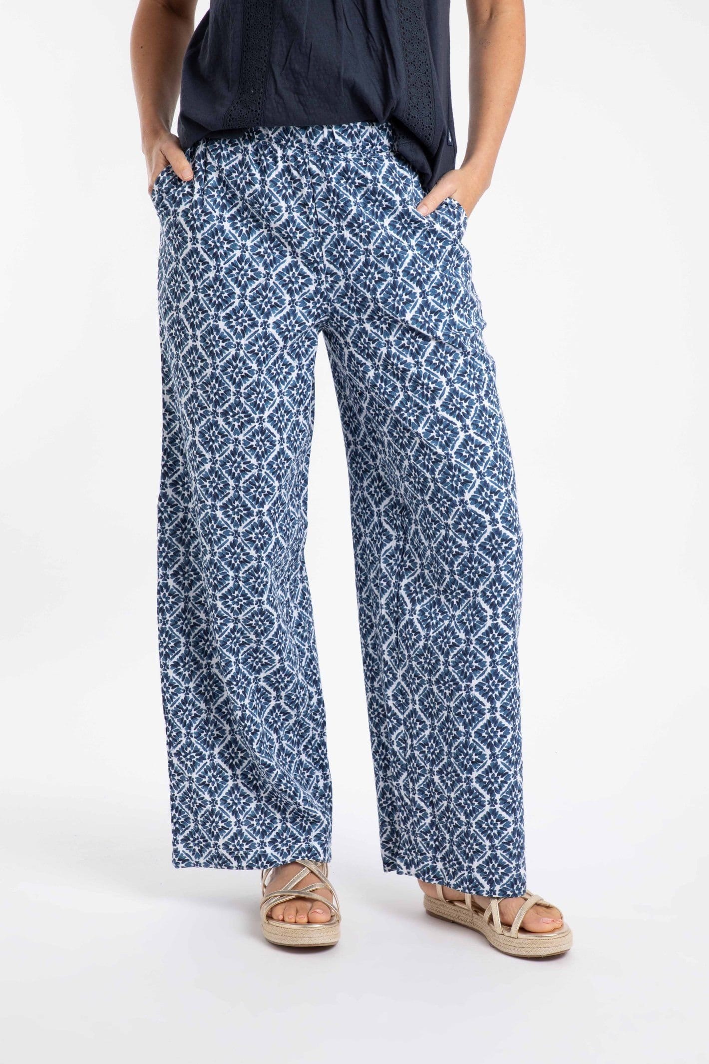 Weird Fish Weird Fish Women's Zendaya Printed Double Cloth Wide Leg Trousers in Mid Blue - 4
