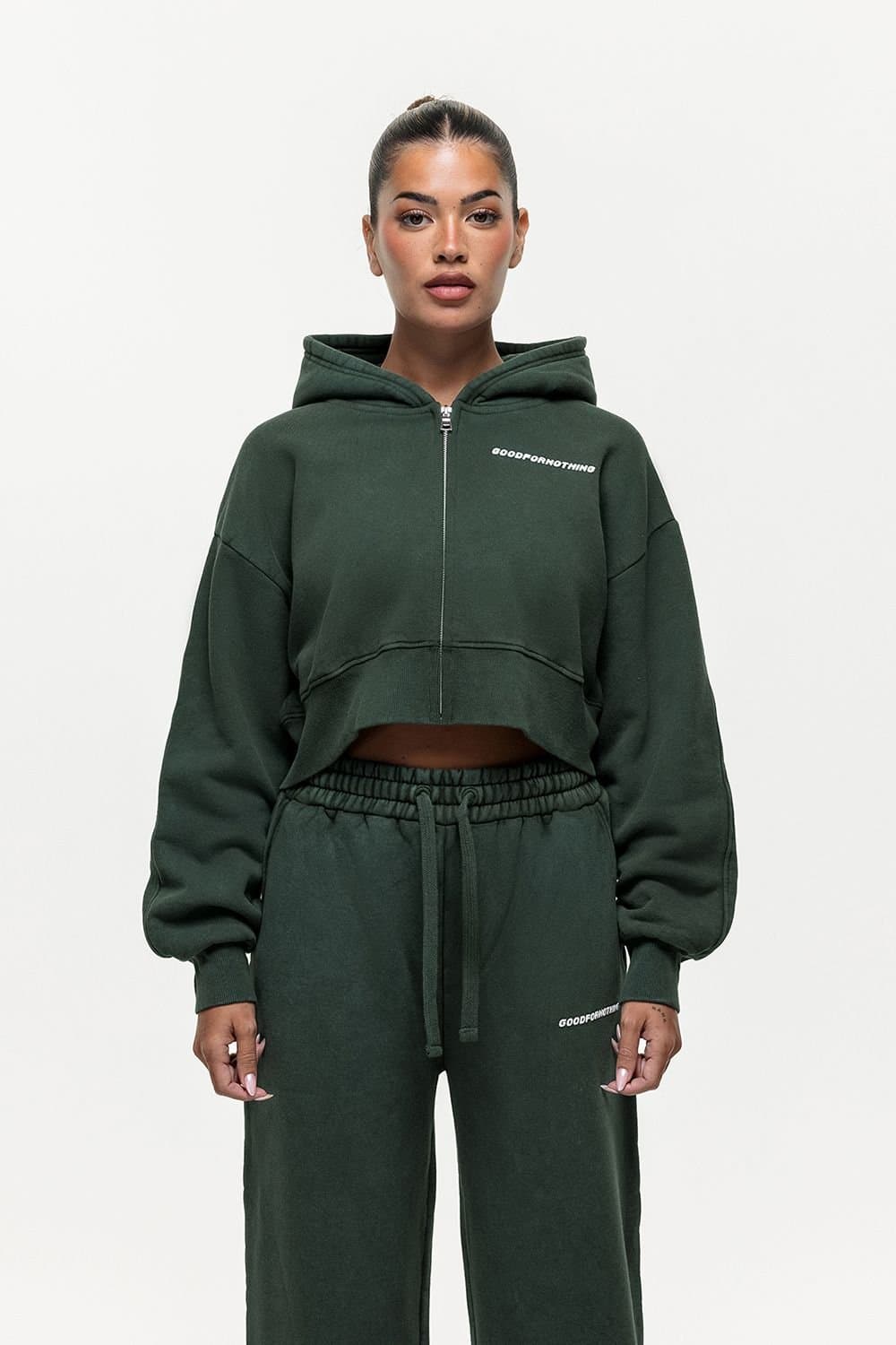 Good For Nothing Good For Nothing Women's Vintage Wash Cropped Zip Through Hoodie in Green