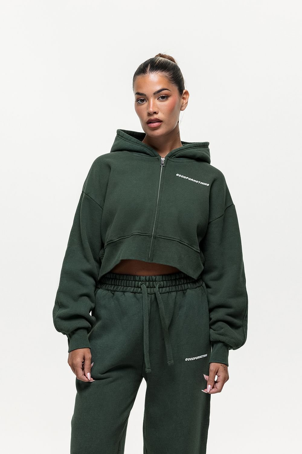 Good For Nothing Good For Nothing Women's Vintage Wash Cropped Zip Through Hoodie in Green - 3