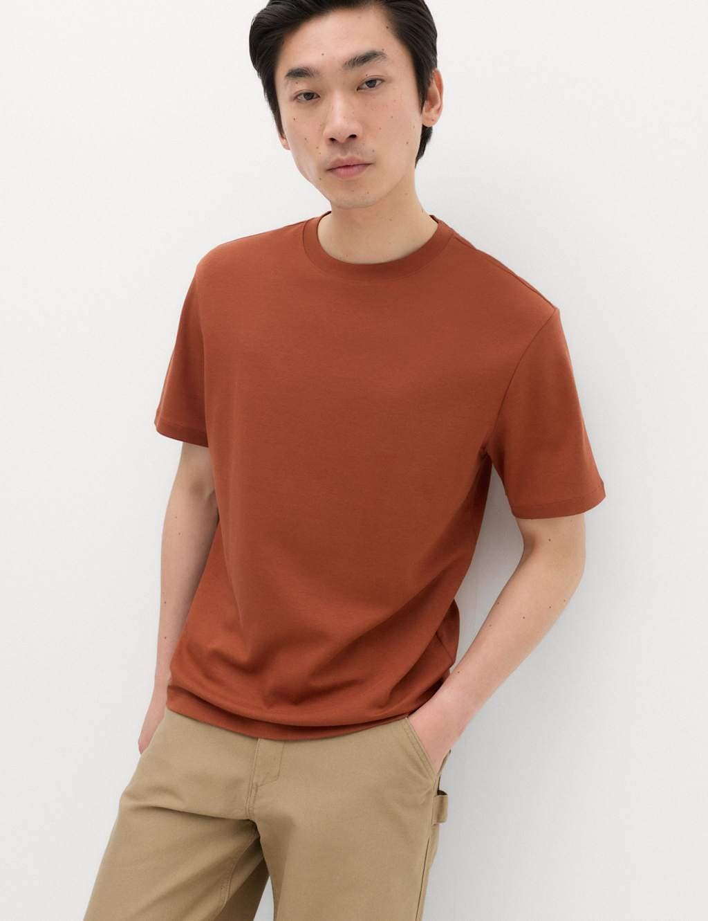 Marks & Spencer M&S Relaxed Fit Cotton Blend Ultimate Performance T-Shirt Henna