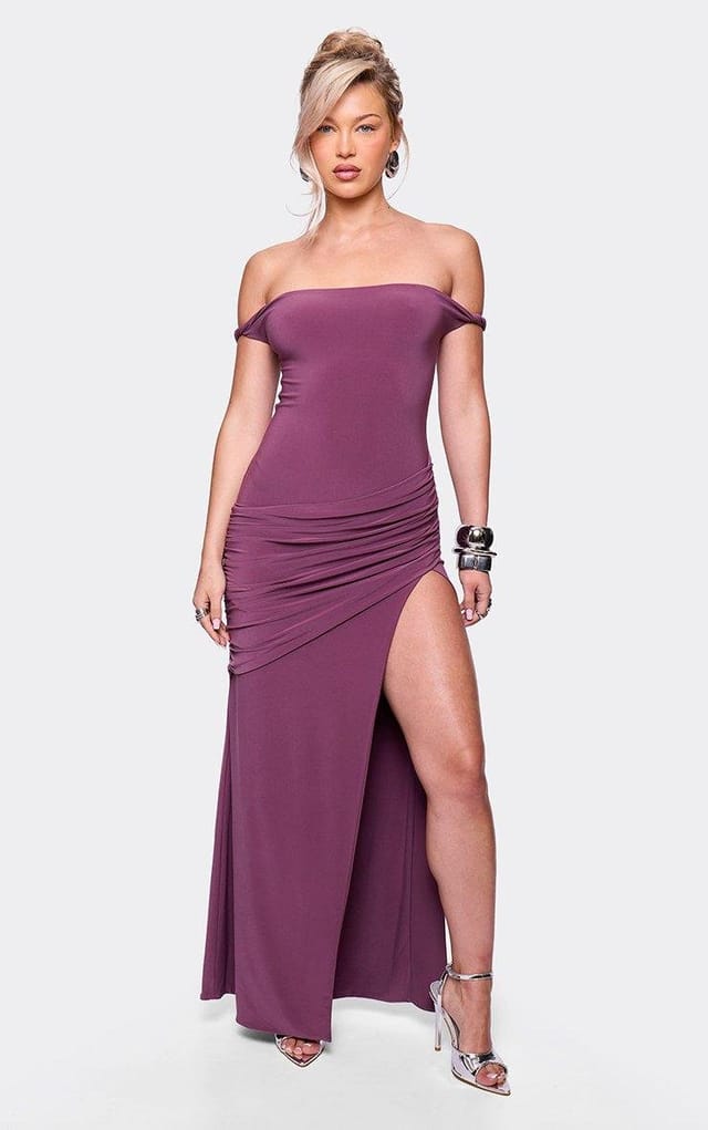 EGO Bardot Draped Detail Side Split Maxi Dress In Mauve, Women's Size UK 6 - 2