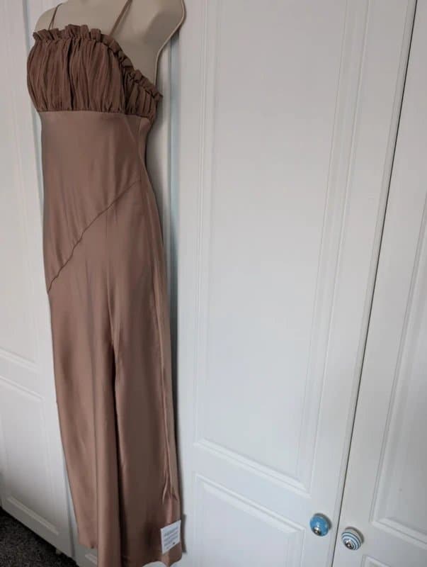 ASOS ASOS Design contrast frill bodice satin maxi dress with thigh split in mocha size 10