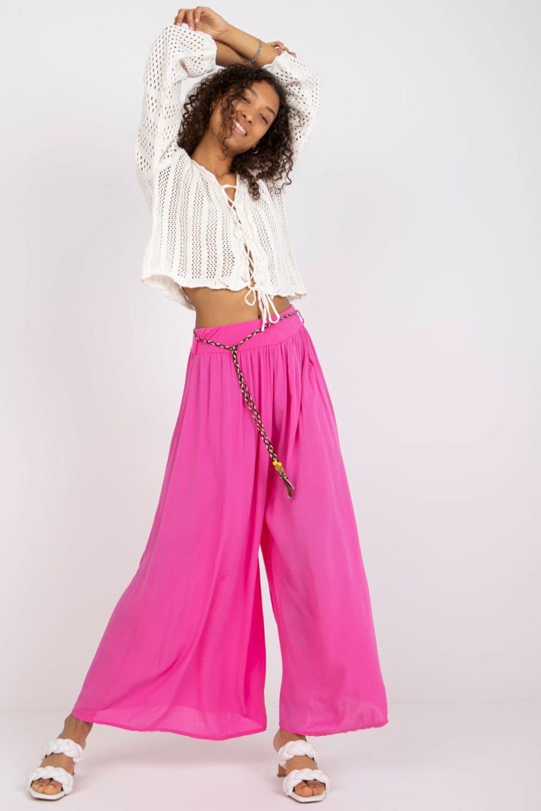Love Lace Love Lace Pink Wide Leg Fabric Pants With Elastic Waist & Belt