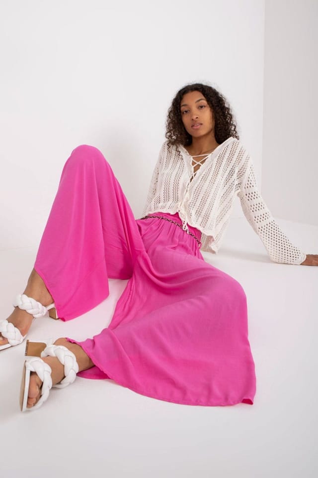 Love Lace Love Lace Women's Wide Leg Fabric Pants With Elastic Waist & Belt in Pink - 2