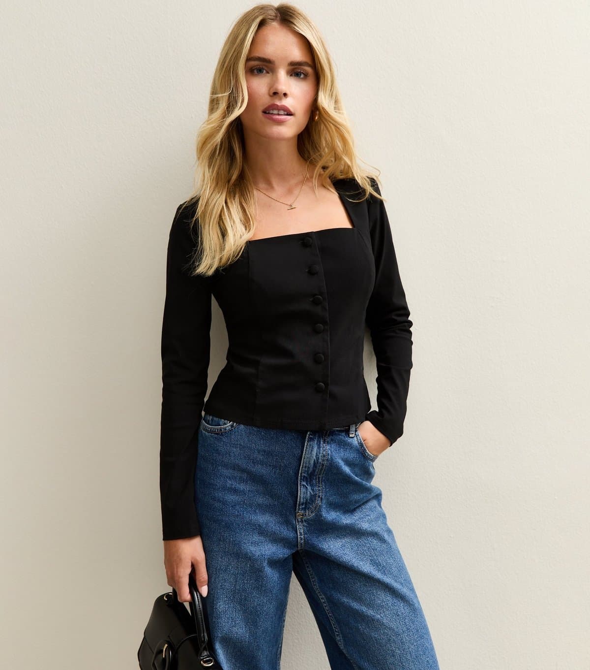 New Look Women's Petite Black Square Neck Button Front Top New Look