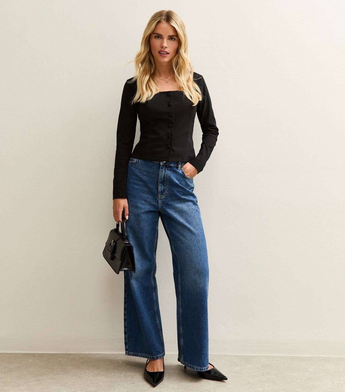 New Look Women's Petite Black Square Neck Button Front Top New Look - 4