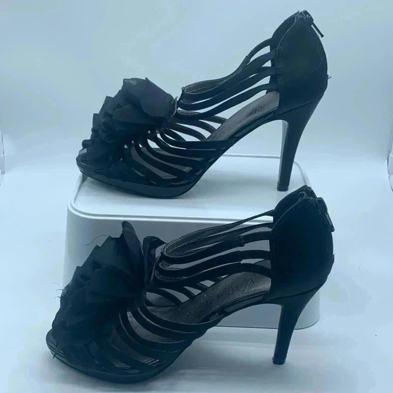 Marks & Spencer Marks And Spencer Shoes Size 5 Black Satin Floral Chiffon Frill Zip 4” Heel