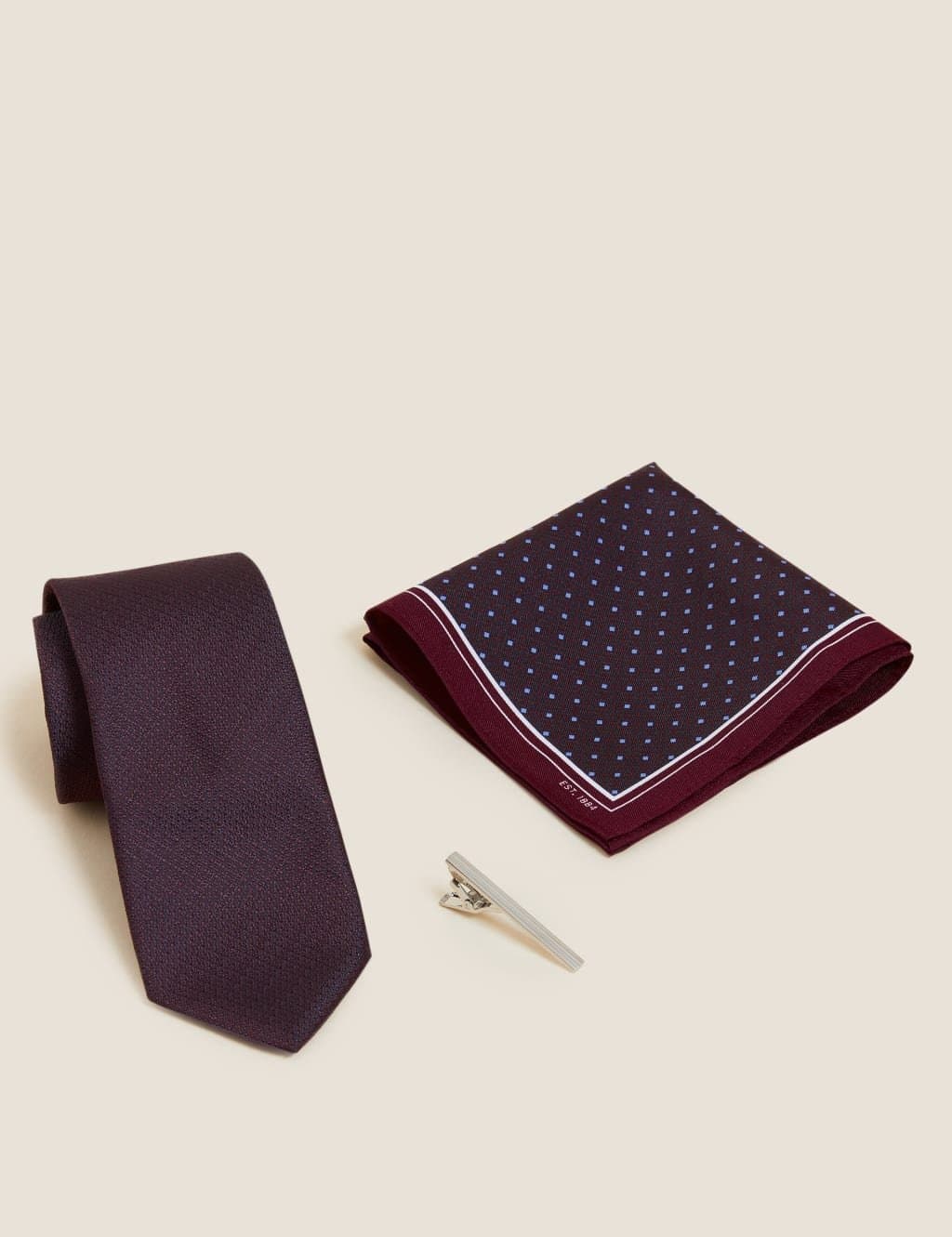 Marks & Spencer M&S Geometric Tie Pin and Pocket Square Set Burgundy