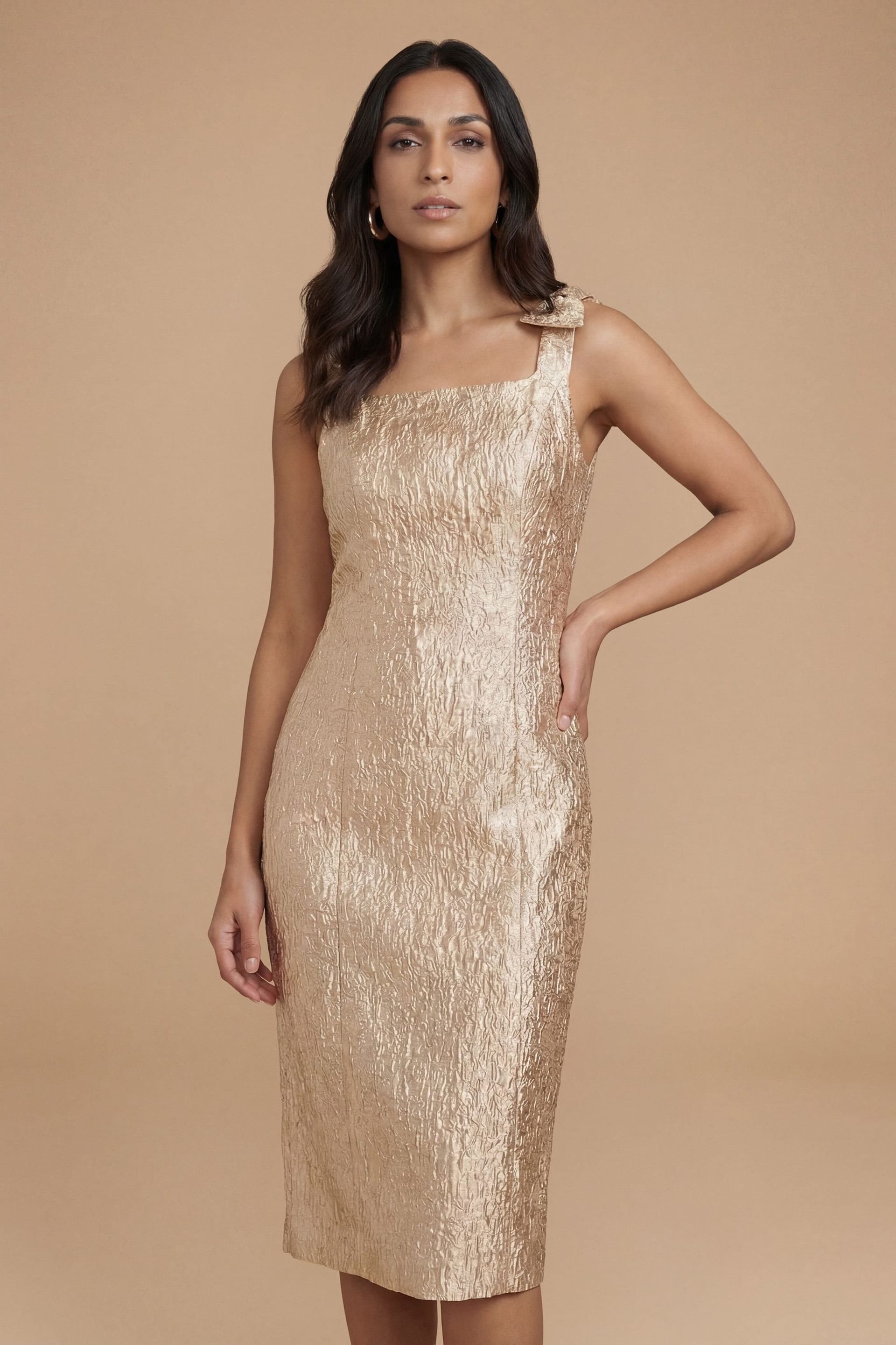 Dorothy Perkins Dorothy Perkins Women's Petite DP Luxe Bow Shoulder Jacquard Midi Dress in Champagne - 4