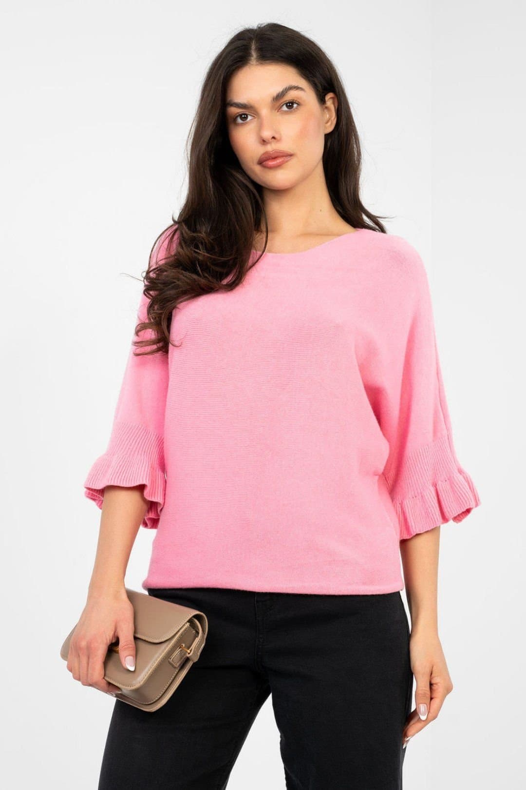 Love Lace Love Lace Women's Viscose Blend Sweater With Ruffle Sleeve in Pink