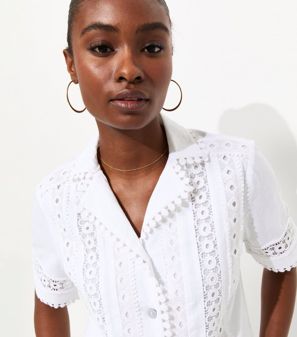 New Look Women's White Embroidered Lace Trimmed Cropped Shirt New Look