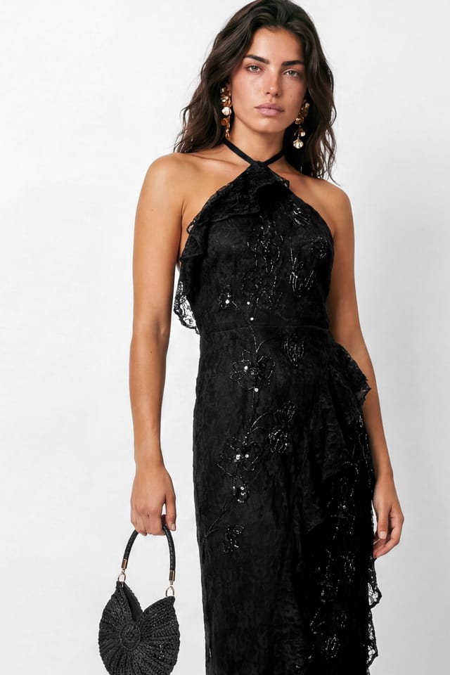 Maya Deluxe Maya Deluxe Women's Embellished Halter Neck Lace Maxi Dress in Black - 2