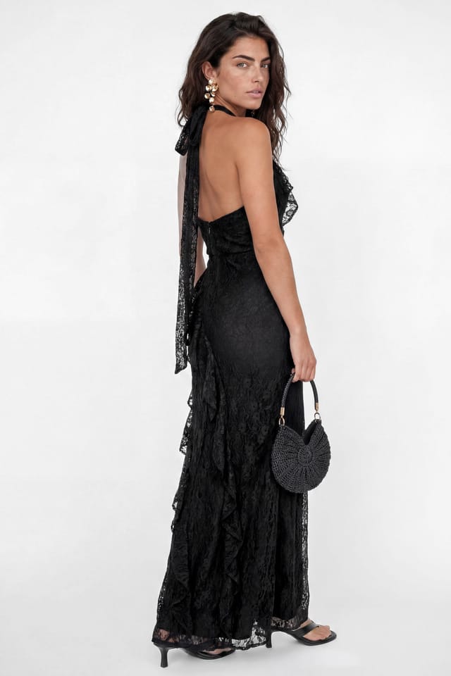 Maya Deluxe Maya Deluxe Women's Embellished Halter Neck Lace Maxi Dress in Black - 3