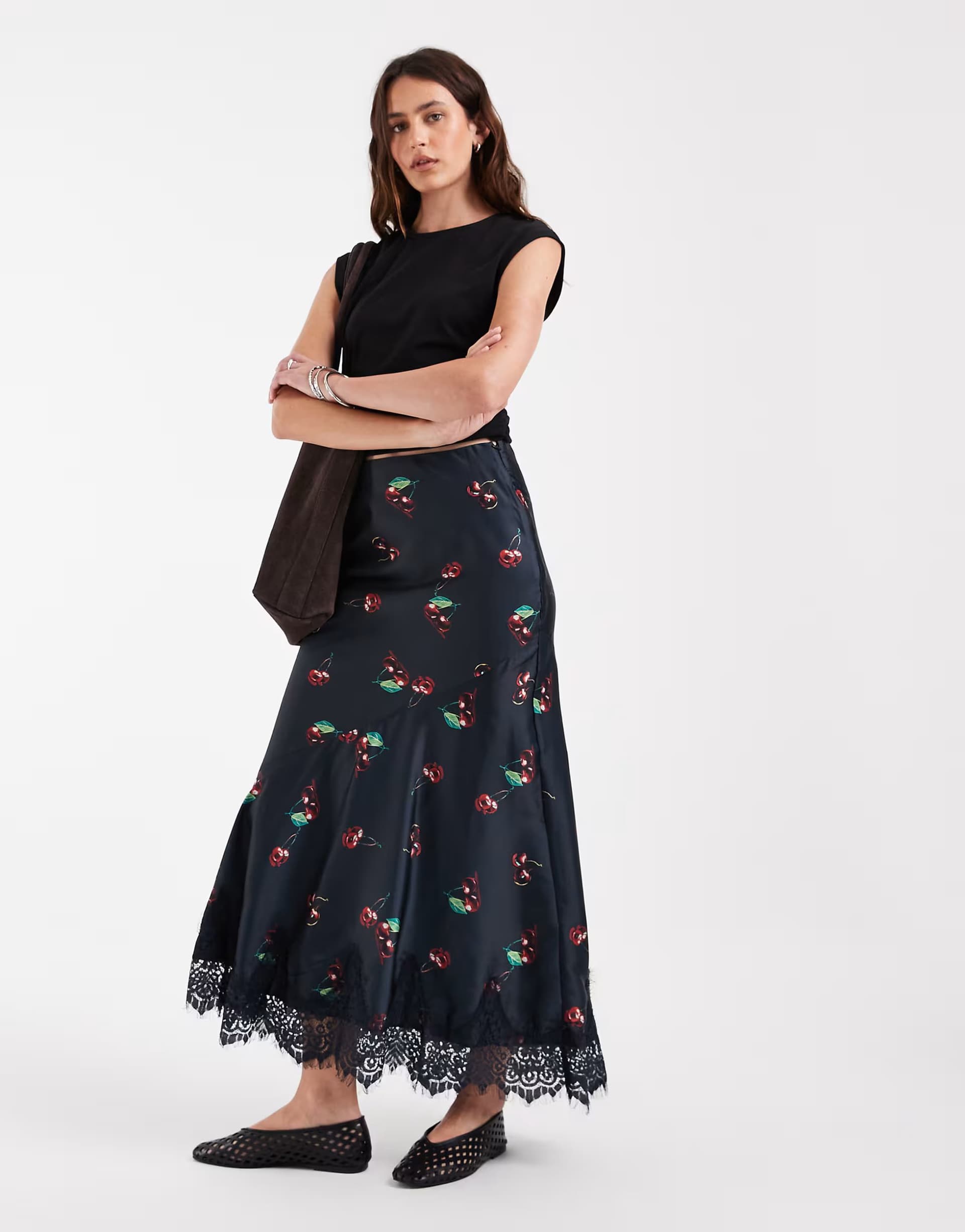 ASOS ASOS DESIGN satin fishtail maxi skirt in cherry print