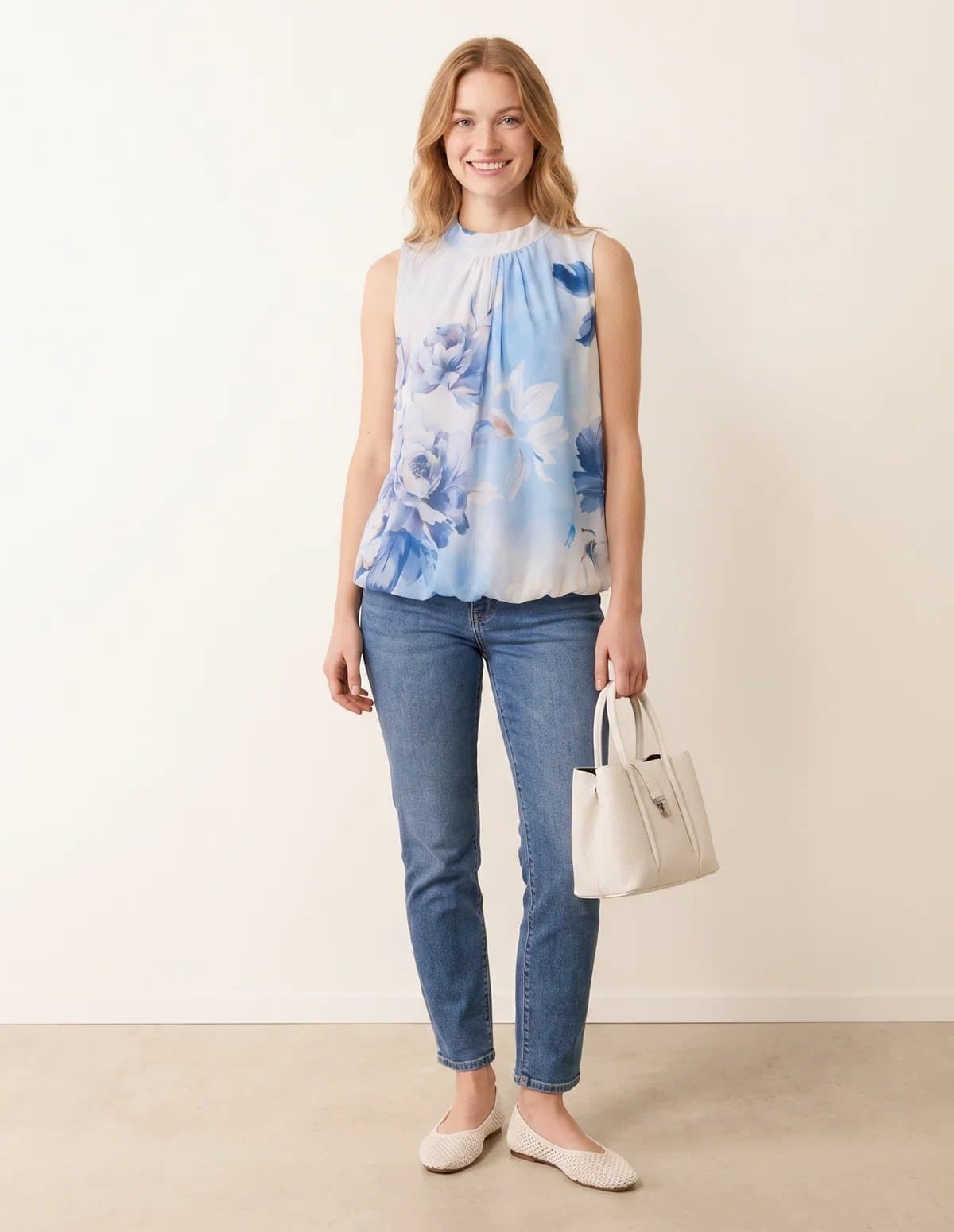 Blue Vanilla Sleeveless High Neck Puffball Blouse