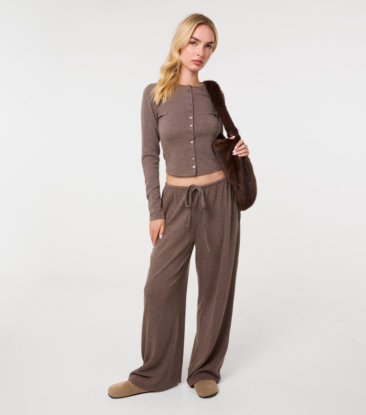 Pink Vanilla Women's Dark Brown Mini Ribbed Drawstring Joggers Pink Vanilla New Look