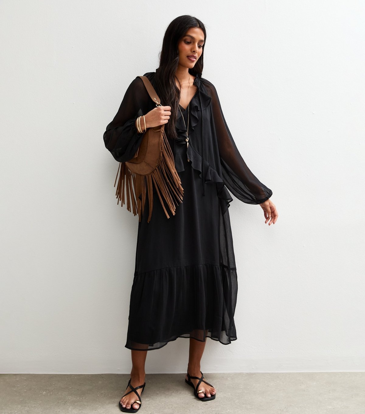 New Look Women's Black Frilly Trim Chiffon Midi Dress New Look - 3