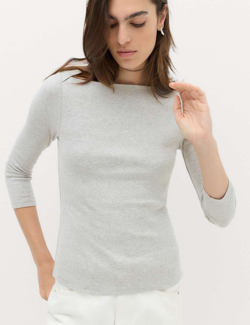 Marks & Spencer M&S Pure Cotton Slash Neck Top Grey Marl