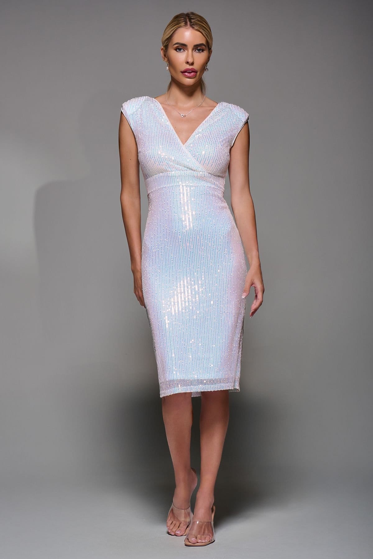 Jolie Moi Jolie Moi Women's Qaya Sequin V Neck Shift Dress in White - 4