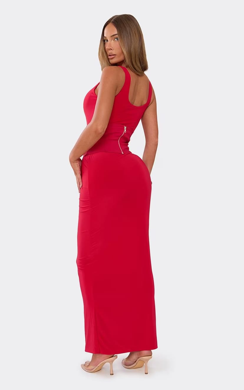 EGO Scoop Neck Corset Detail Fitted Maxi Dress In Red, Women's Size UK 6 - 1