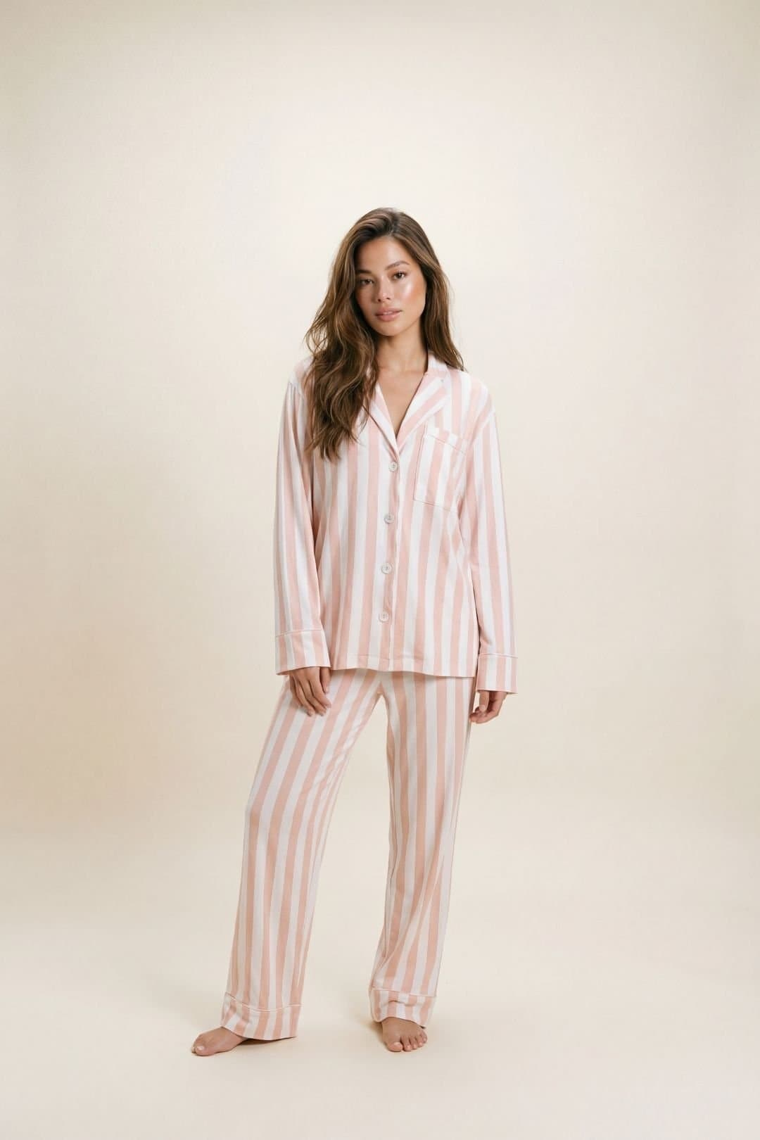The Night Store The Night Store Women's Stripe Modal Pyjama Trouser Set in Pale Orange