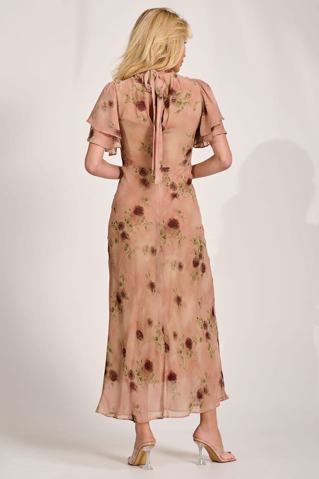 Jolie Moi Jolie Moi Women's High Neck Angel Sleeve Chiffon Maxi Dress in Coral - 2