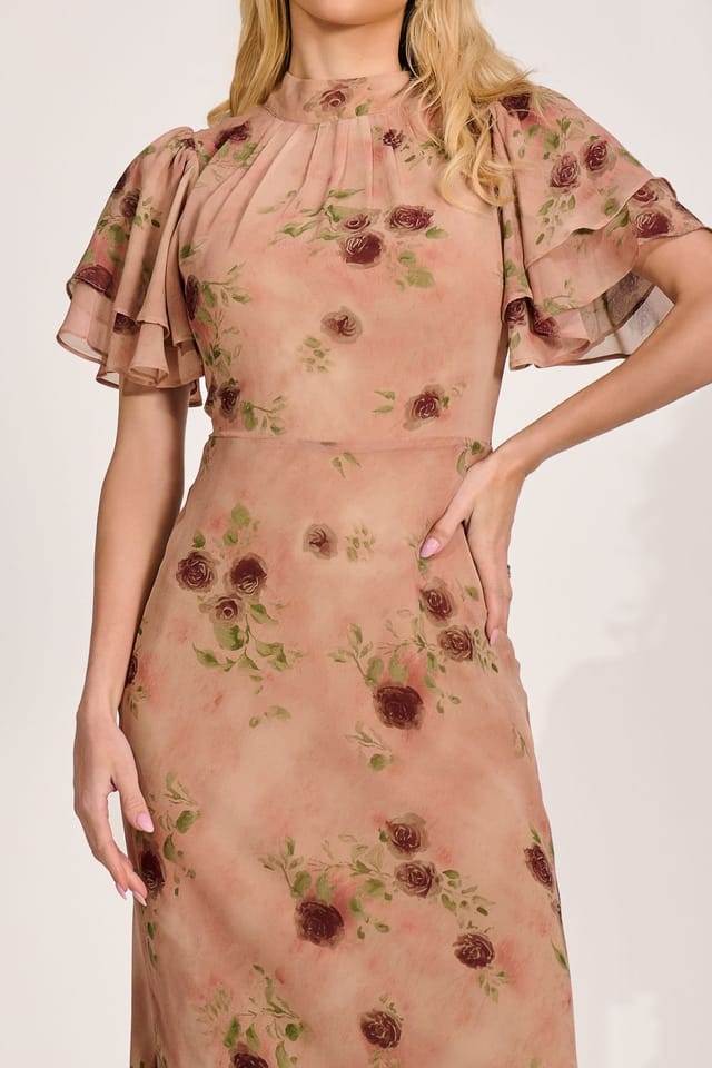 Jolie Moi Jolie Moi Women's High Neck Angel Sleeve Chiffon Maxi Dress in Coral - 3