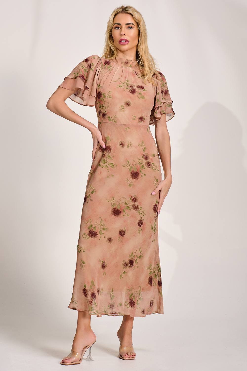 Jolie Moi Jolie Moi Women's High Neck Angel Sleeve Chiffon Maxi Dress in Coral - 4