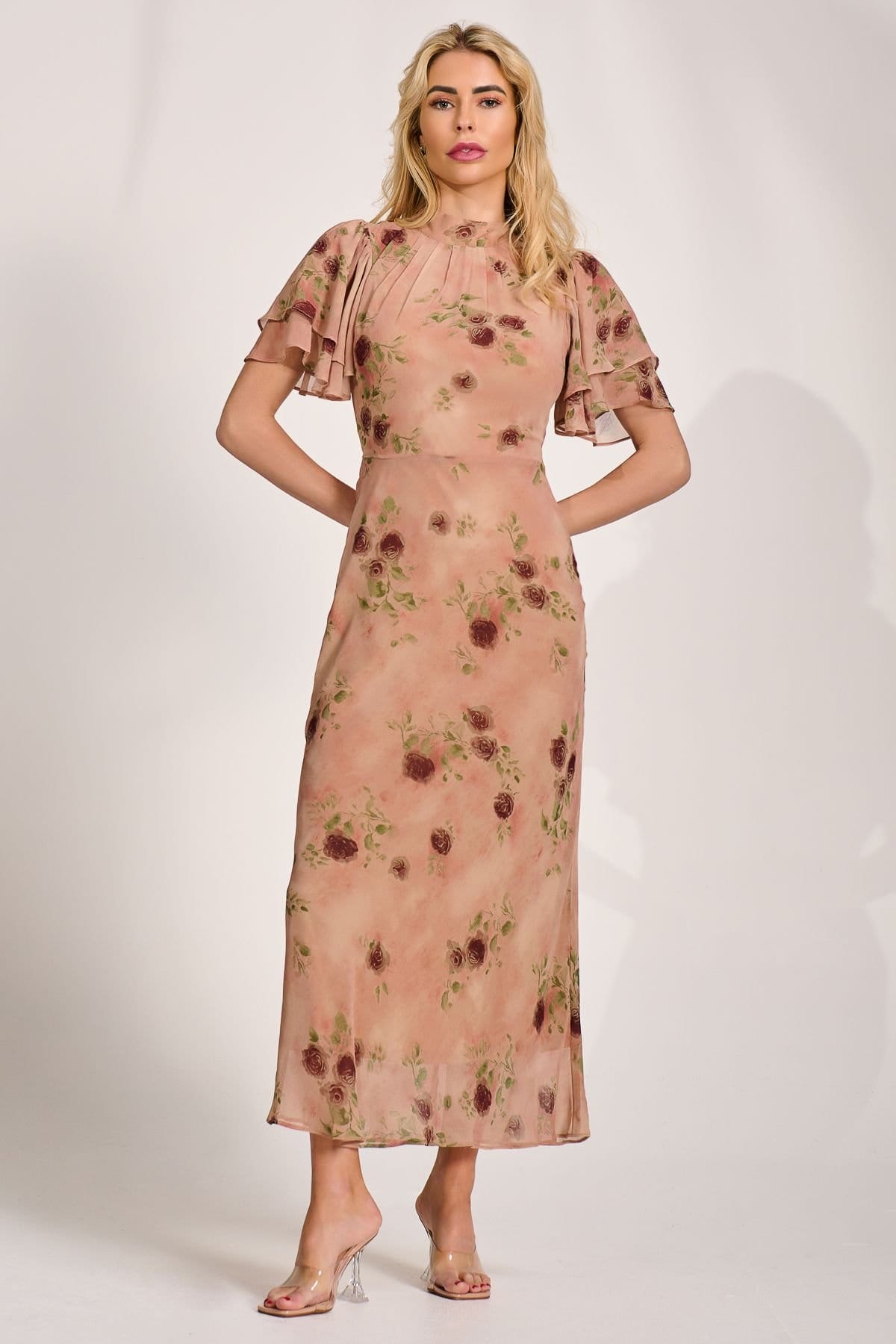Jolie Moi Jolie Moi Women's High Neck Angel Sleeve Chiffon Maxi Dress in Coral - 4