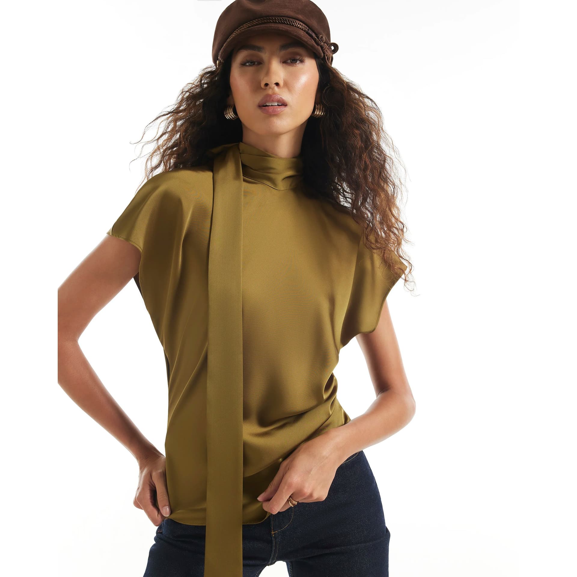 River Island River Island Womens Khaki Satin Tie Neck Sleeveless Blouse