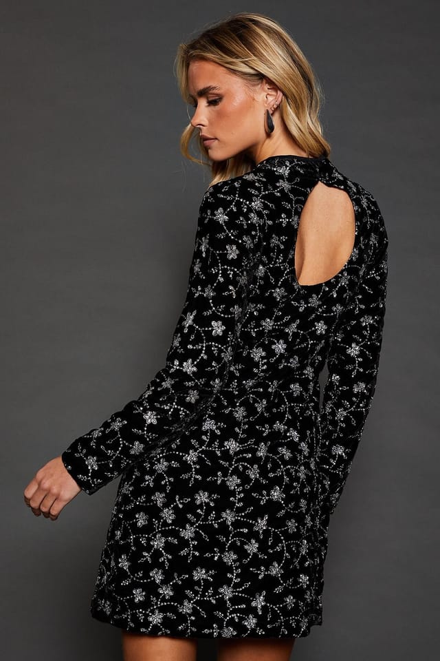 Dorothy Perkins Dorothy Perkins Women's Dp Luxe Petite Black Embroidered Velvet Mini Dress - 3
