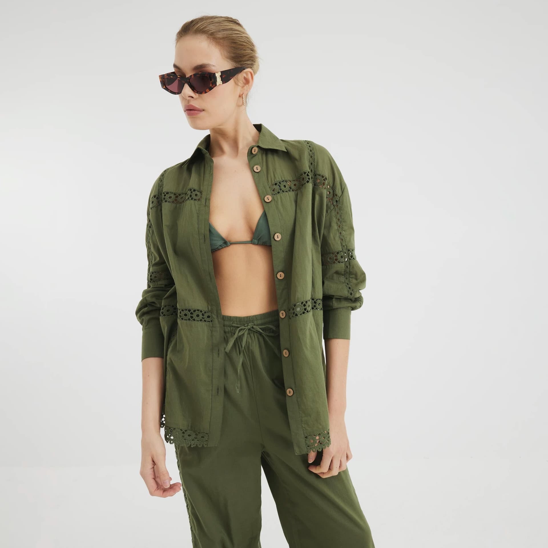 River Island River Island Womens Khaki Long Sleeve Lace Detail Shirt