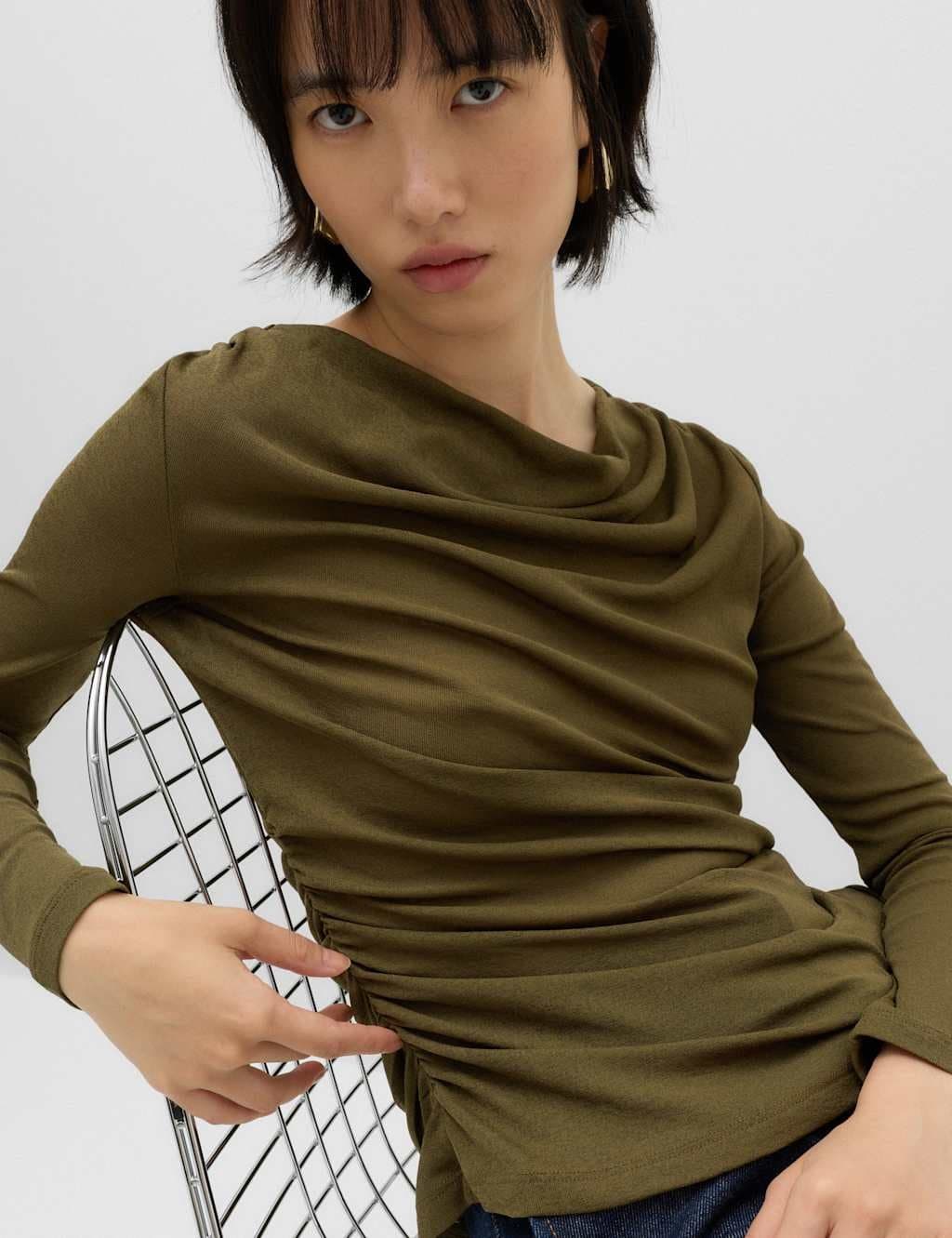 Marks & Spencer M&S Cowl Neck Draped Long Sleeve Top Pewter