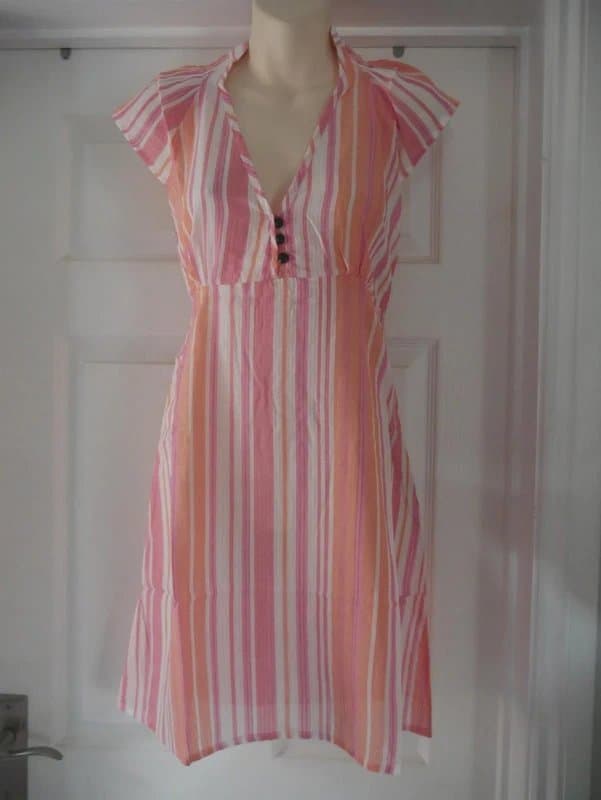 Carbon Carbon Dress Ladies Size 8 Pink Stripe Cotton Summer Holiday Tea Dress Sheer